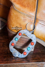 Load image into Gallery viewer, western accessories, western keychains, western key chain, cowgirl keychain, western key rings, western style keychains, wholesale clothing and jewelry, wholesale accessories, western wholesale, western concho keychain, western metal keychain, concho keychain

